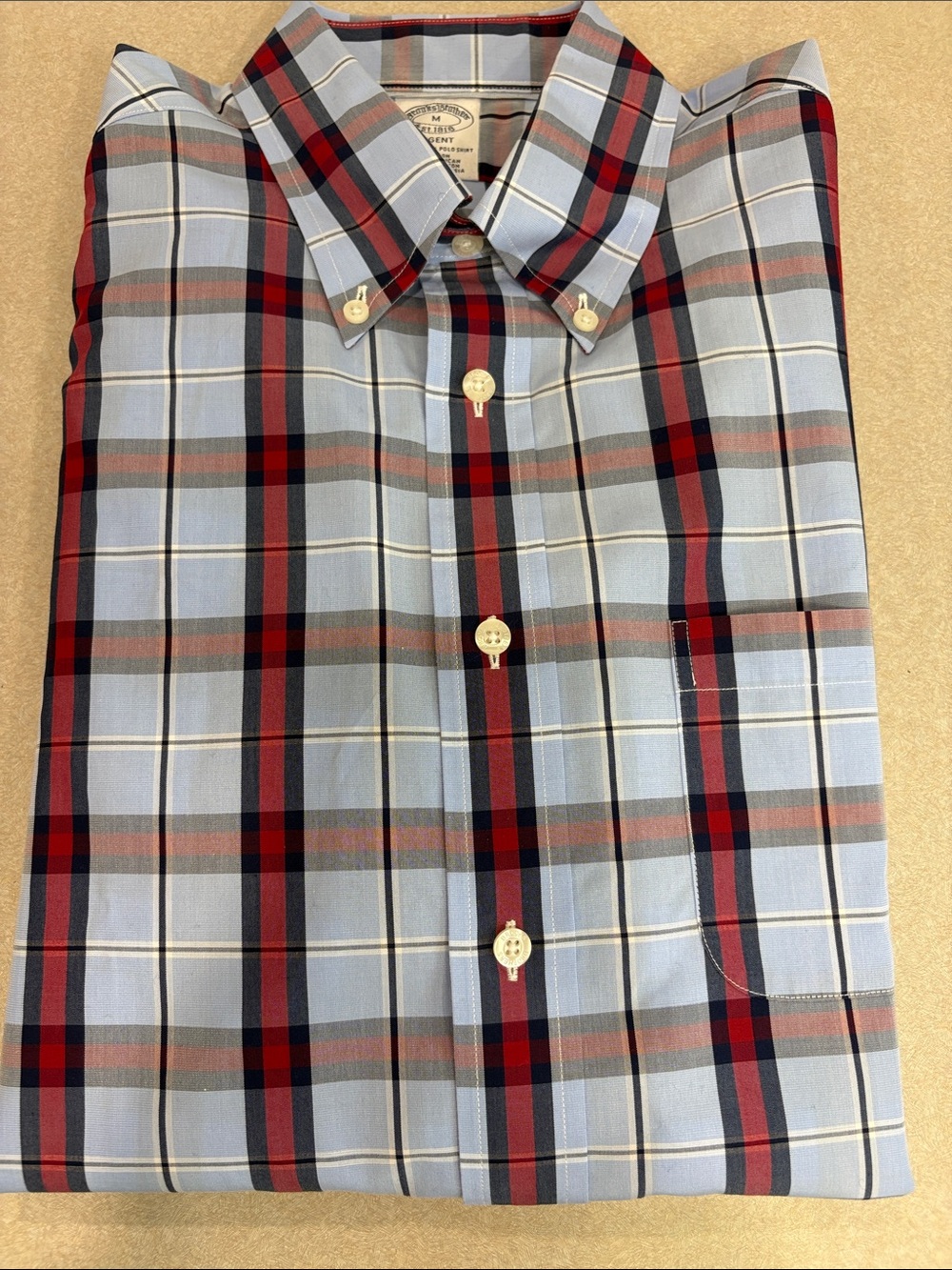 Brooks Brothers Light Blue Plaid Button-Down Shirt with Red and Navy Stripes
